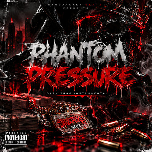 PHANTOM PRESSURE | STR8JACKET BEATZ | original red and black 4K artwork, hooded phantom with crown.