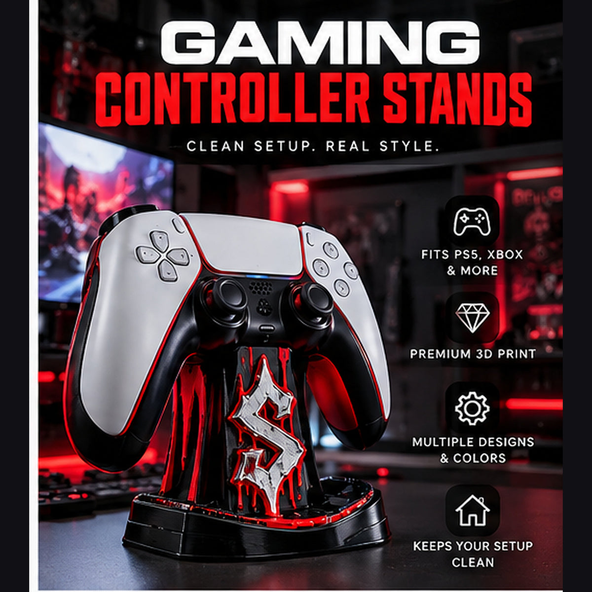STR8SHOP Phantom controller dock black and red concept. 4K promotional render; controller not included.
