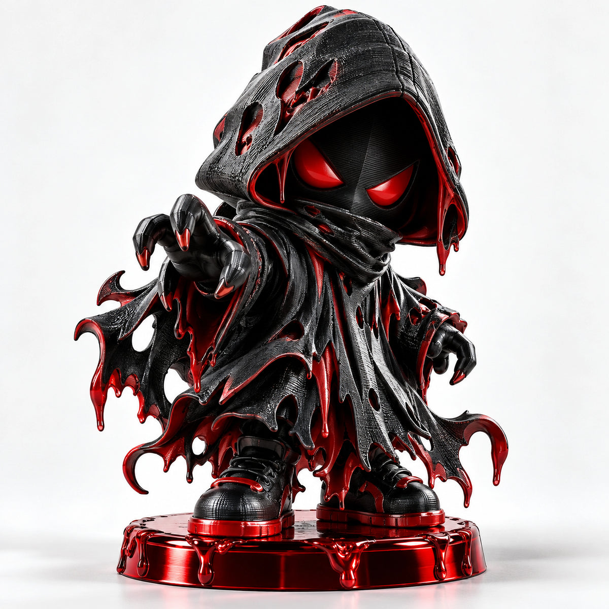 STR8SHOP Wraith Mini original collectible figurine digital concept image, 4K, black and red hooded character on display base